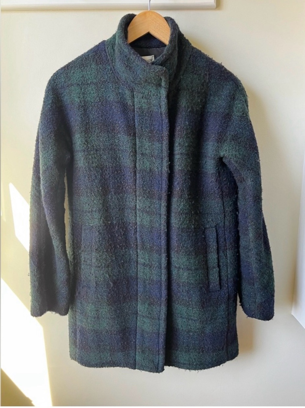 J. Crew Navy and Green Plaid Bouclé Pea Coat